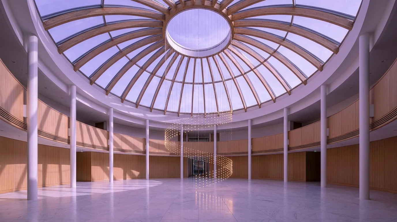 A spacious observatory atrium with a glass dome and marble floor showcases modern architecture.
