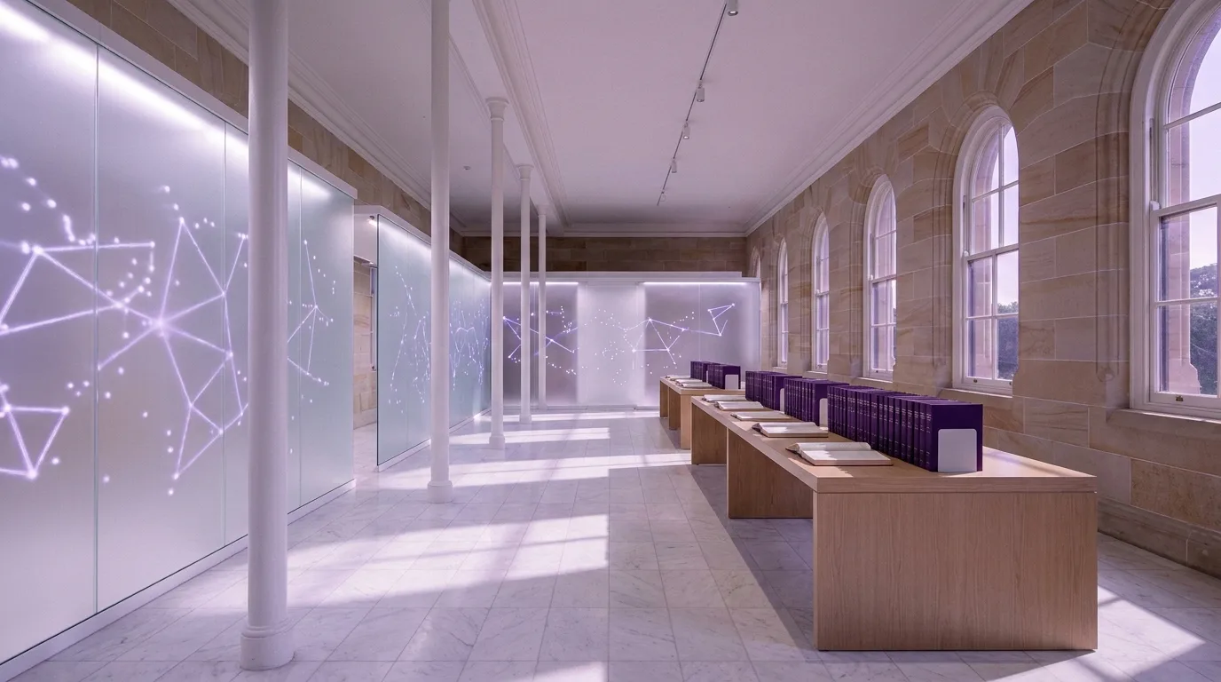 A modern research space with illuminated glass panels and books supports data management and research integrity.